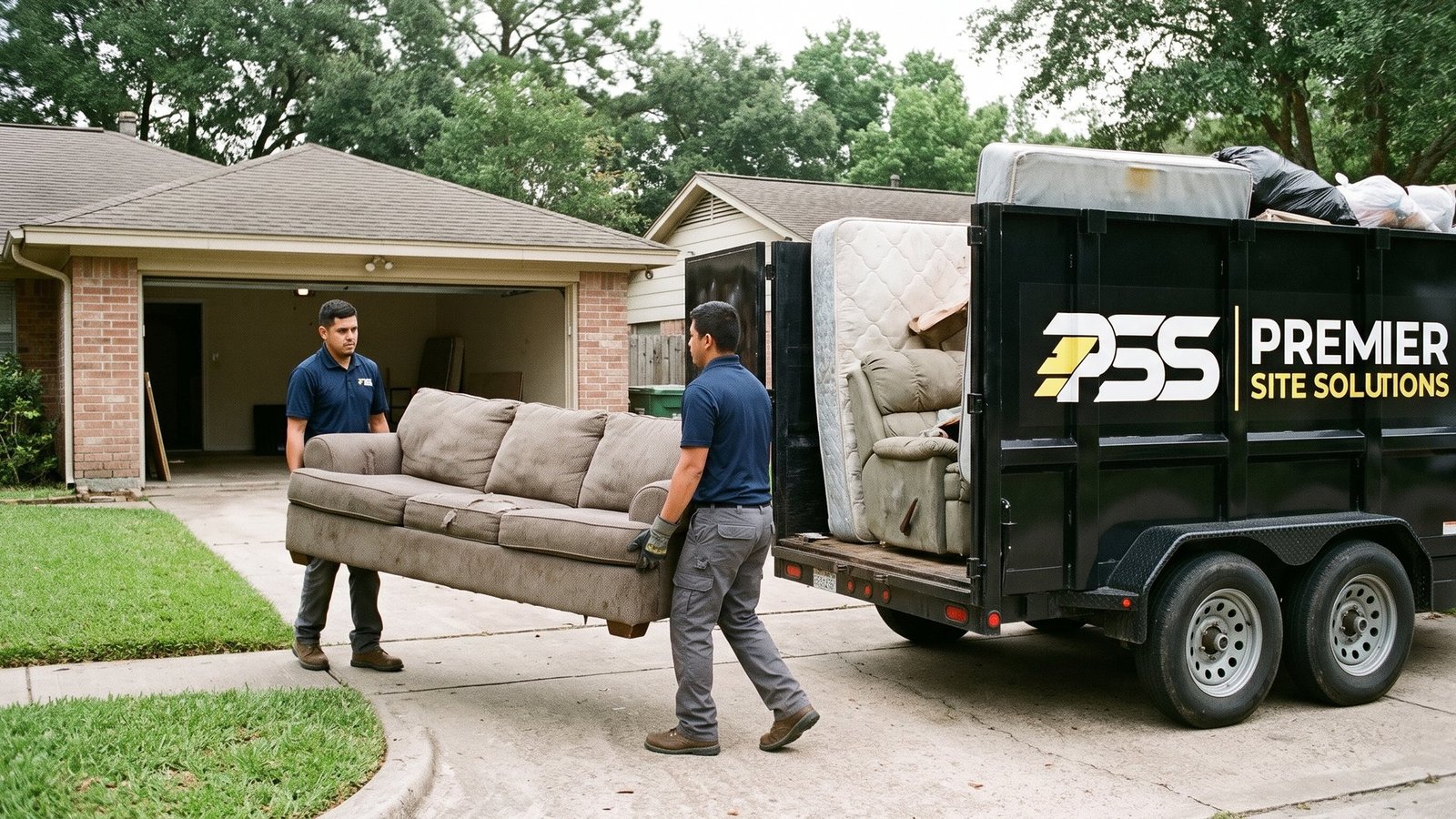 Two Premier Site Solutions workers carrying a gray sofa down a driveway to a branded dump trailer loaded with a mattress and recliner