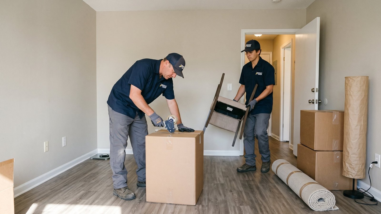Two Premier Site Solutions workers in a vacated apartment, one taping a moving box shut while the other carries out a chair