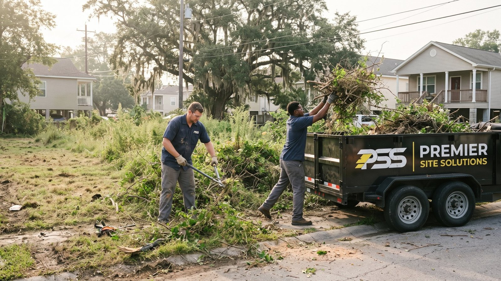 Two Premier Site Solutions workers cutting overgrown brush on a neighborhood lot and loading it into a branded dump trailer