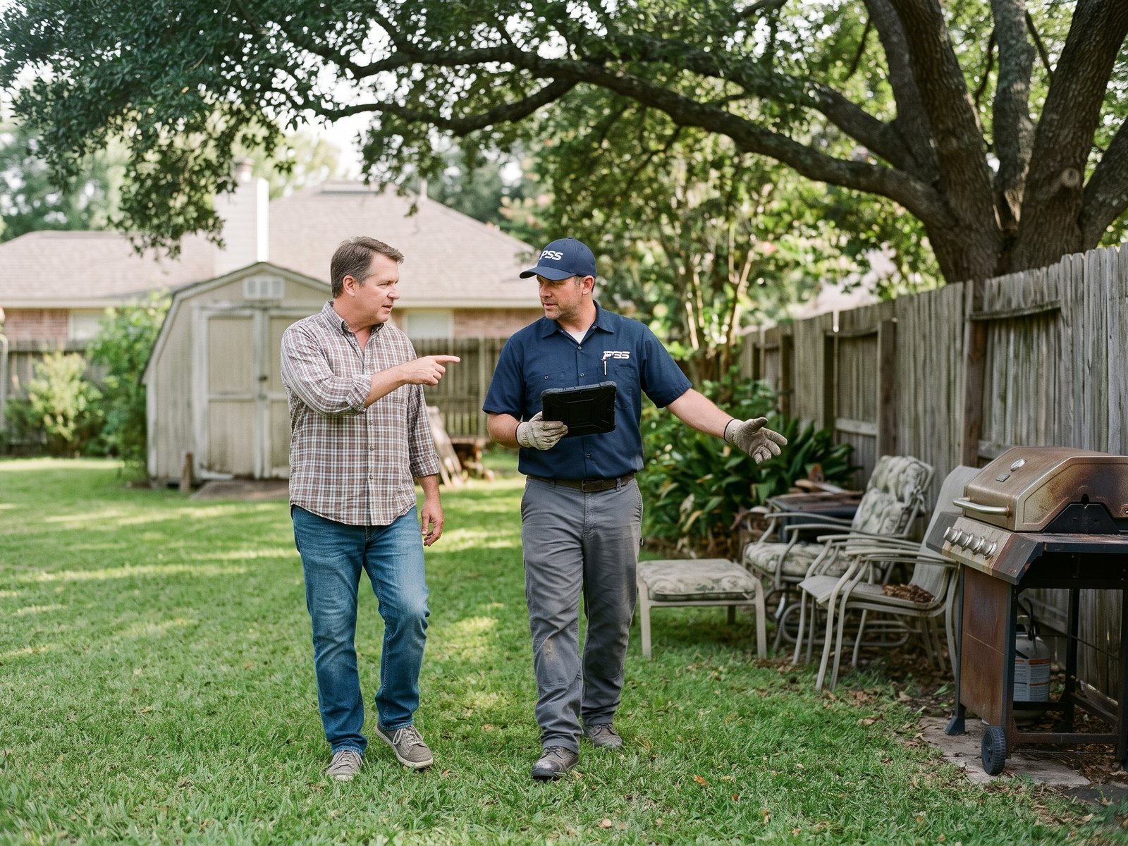 Premier Site Solutions crew lead with a tablet walking a backyard with a homeowner, pointing out old patio furniture and a grill to be removed