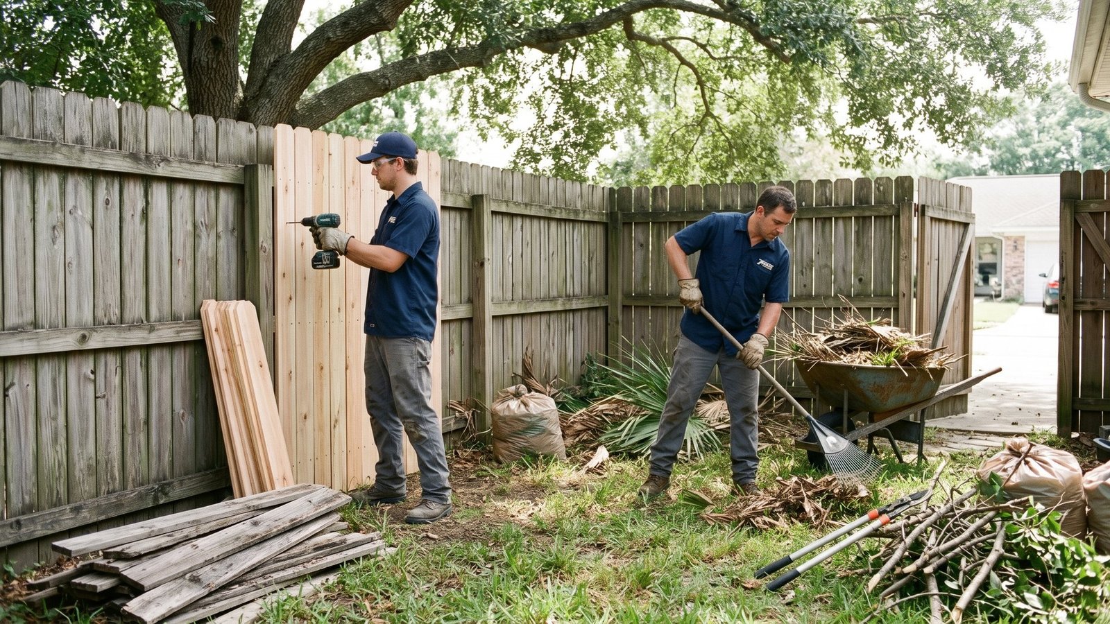 Premier Site Solutions crew installing new cedar fence pickets and raking yard debris in a shaded backyard