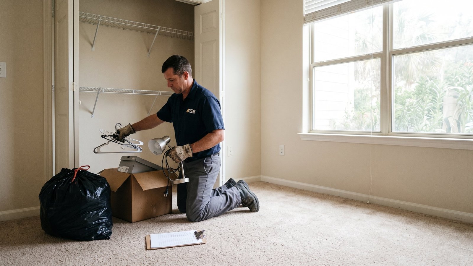 Premier Site Solutions worker kneeling in an empty carpeted bedroom, boxing up hangers and a lamp left in the closet