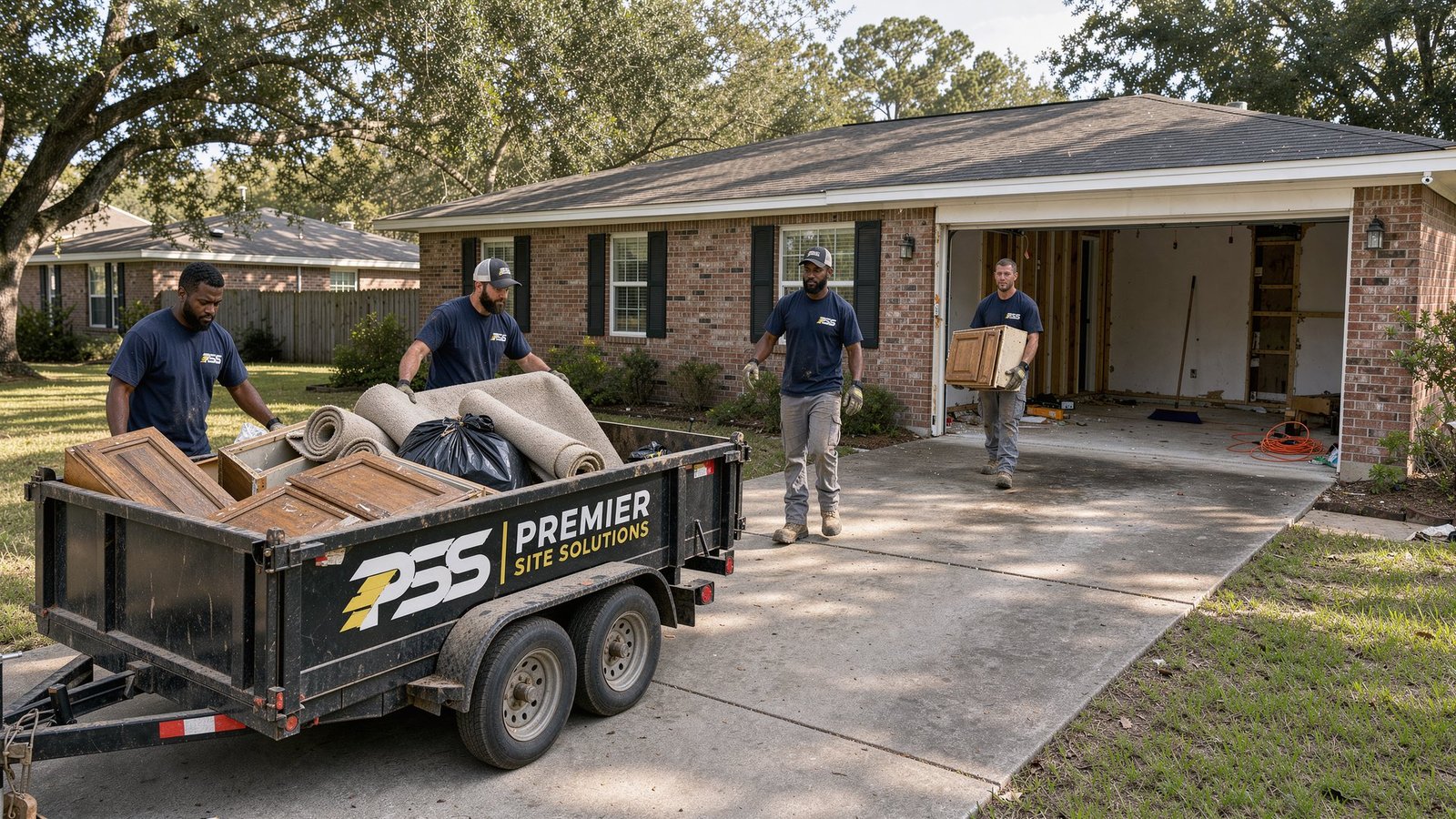 Premier Site Solutions crew carrying old cabinets out of a house being stripped for renovation, with a loaded branded dump trailer in the driveway