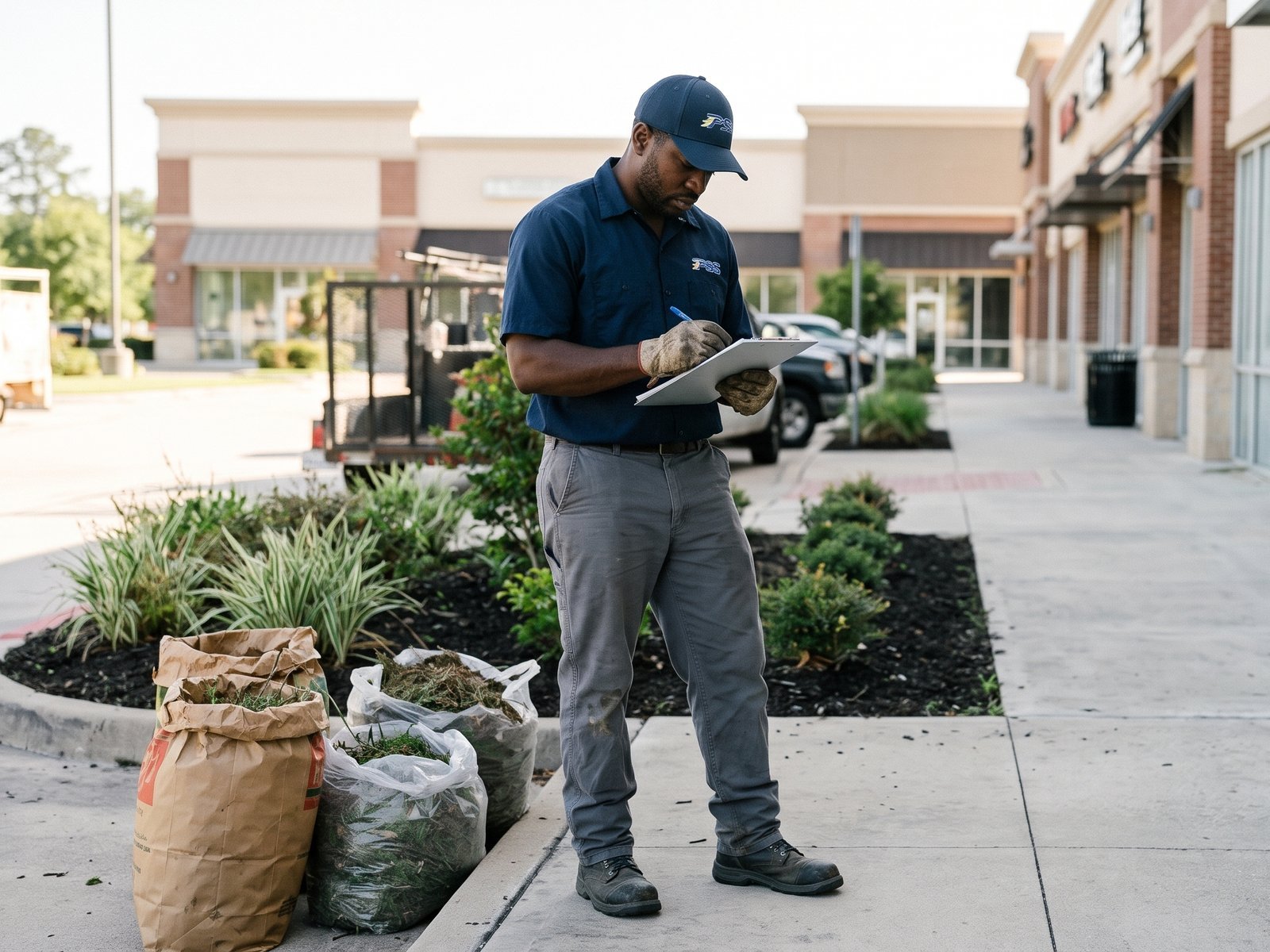 Premier Site Solutions worker checking off a clipboard beside bagged clippings and a freshly cleaned landscape bed at a retail center